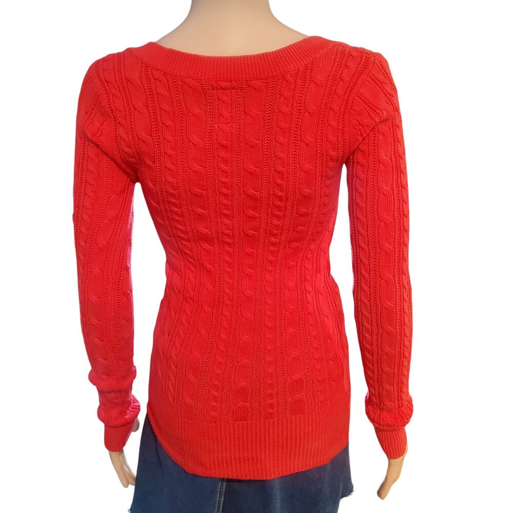 American Eagle XS Red Cable Open Knit V-Neck Sweater LS Fitted Y2K Bella Swan - Picture 8 of 13